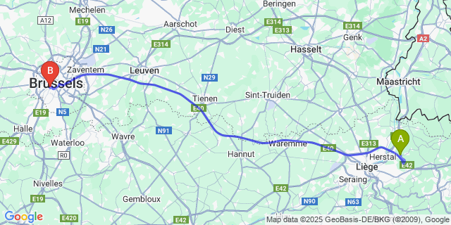 Map: Brussels Midi Train Station to Barchon