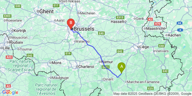 Map: Brussels Midi Train Station to Barvaux-Condroz