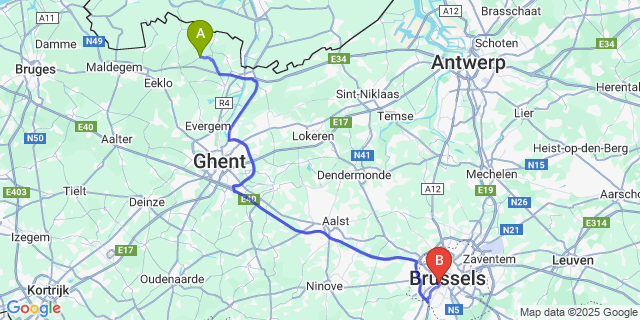 Map: Brussels Midi Train Station to Bassevelde