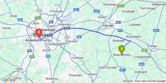 Map: Brussels Midi Train Station to Beauvechain