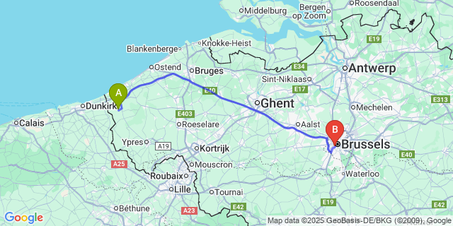 Map: Brussels Midi Train Station to Beauvoorde