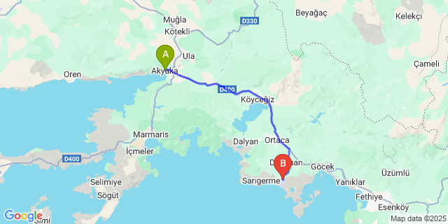 Map: Dalaman Airport (DLM) to Akyaka