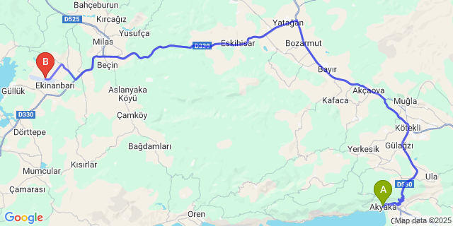 Map: Milas–Bodrum Airport (BJV) to Akyaka