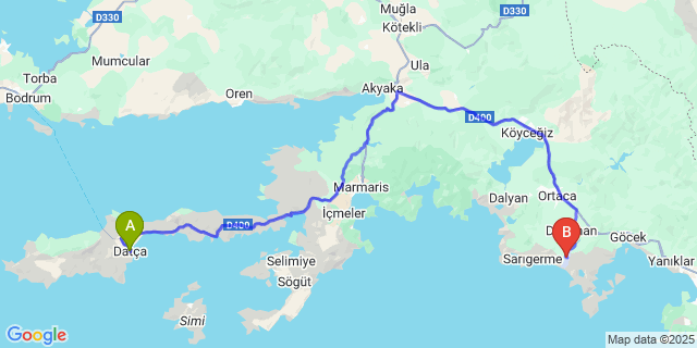 Map: Dalaman Airport (DLM) to Datça