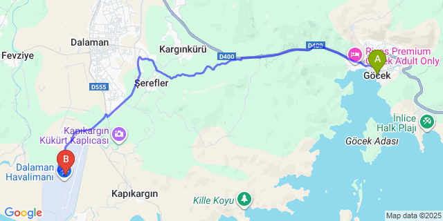 Map: Dalaman Airport (DLM) to Göcek