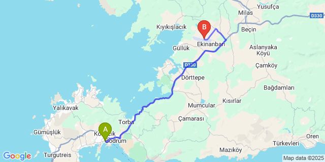 Map: Milas–Bodrum Airport (BJV) to Gümbet