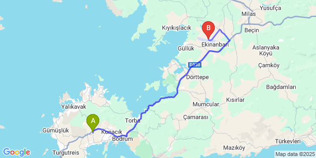 Map: Milas–Bodrum Airport (BJV) to Ortakent