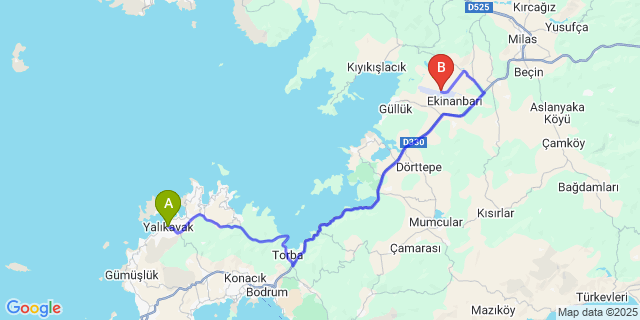 Map: Milas–Bodrum Airport (BJV) to Yalıkavak