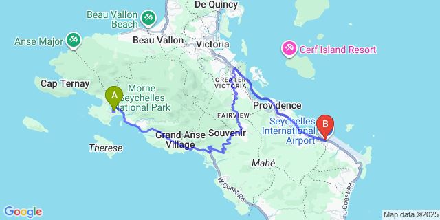 Map: Seychelles Airport (SEZ) to Constance Ephelia Resort