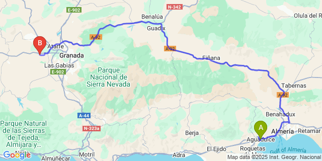 Map: Granada Airport (GRX) to Aguadulce (Almeria)