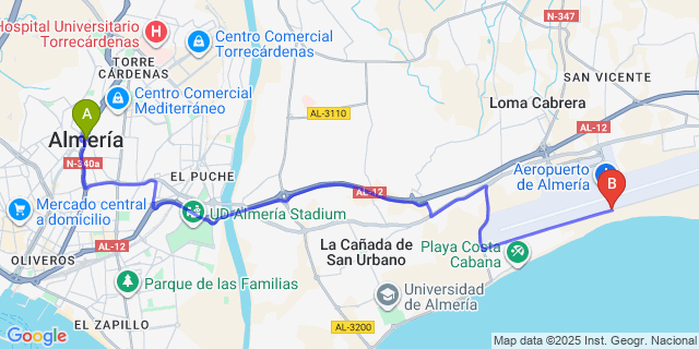 Map: Almeria Airport (LEI) to Almeria city (all areas)