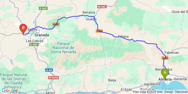 Map: Granada Airport (GRX) to Almeria city (all areas)