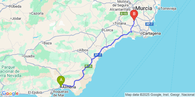 Map: Murcia Airport (RMU) to Almeria city (all areas)