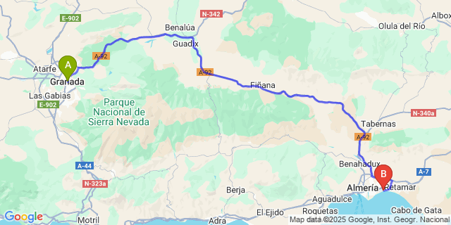 Map: Almeria Airport (LEI) to Granada city (all areas)