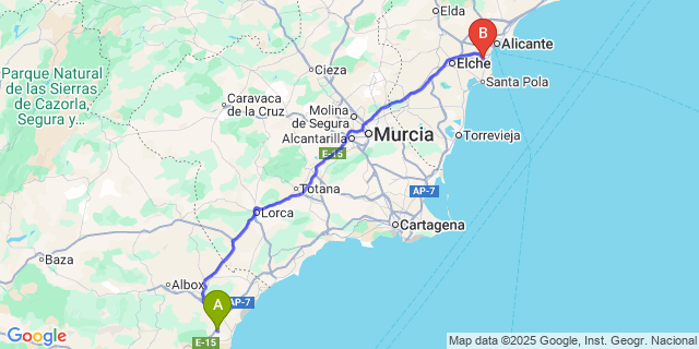 Map: Alicante Airport (ALC) to Valle del Este Golf Resort (Vera)