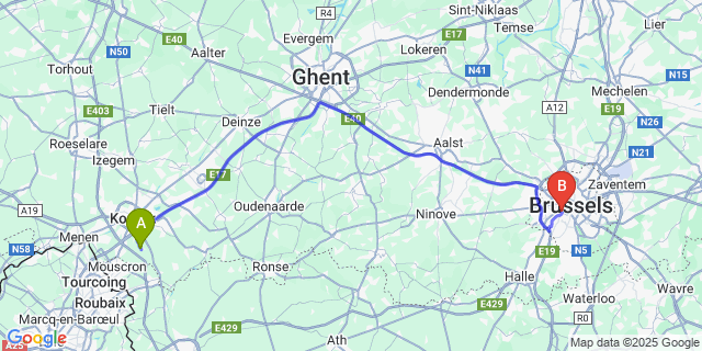 Map: Brussels Midi Train Station to Bellegem