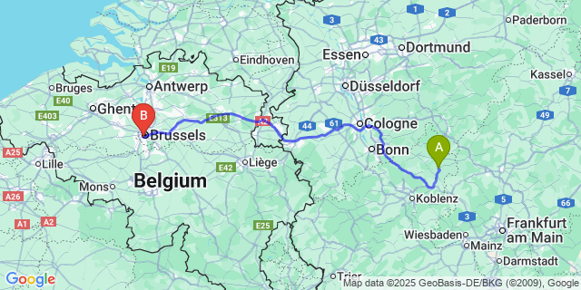 Map: Brussels Midi Train Station to Bellingen