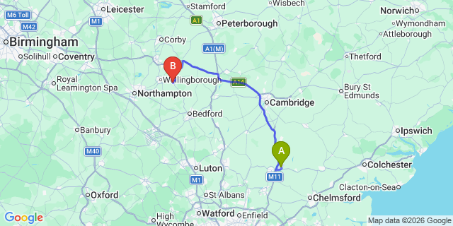 Map: London Stansted Airport (STN) to Rushden