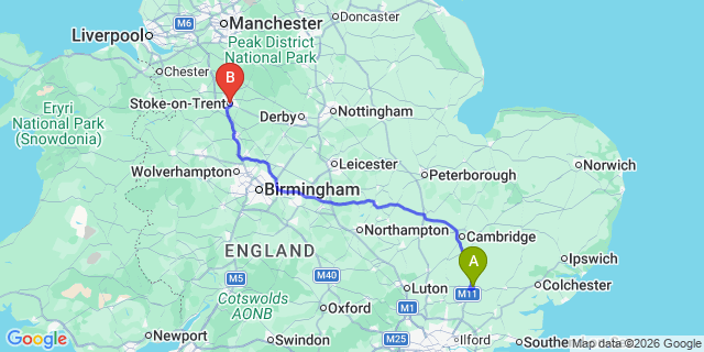 Map: London Stansted Airport (STN) to Stoke-On-Trent