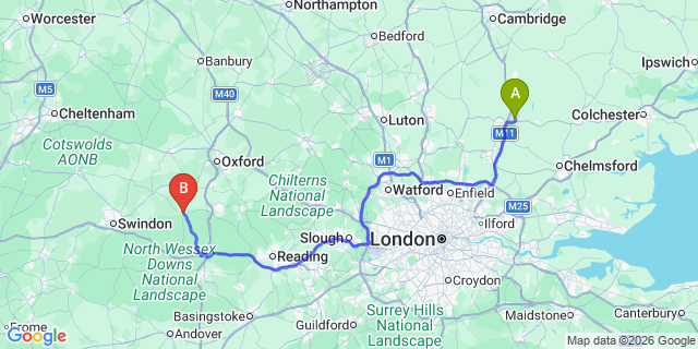 Map: London Stansted Airport (STN) to Wantage