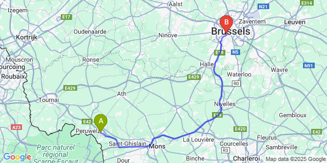 Map: Brussels Midi Train Station to Blaton