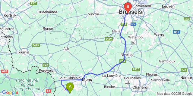 Map: Brussels Midi Train Station to Blaugies