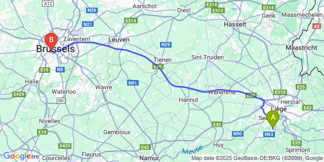 Map: Brussels Midi Train Station to Boncelles