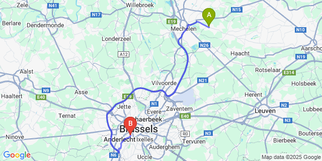 Map: Brussels Midi Train Station to Bonheiden