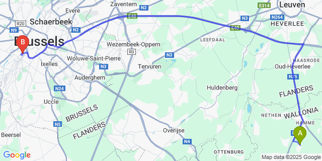 Map: Brussels Midi Train Station to Bossut-Gottechain