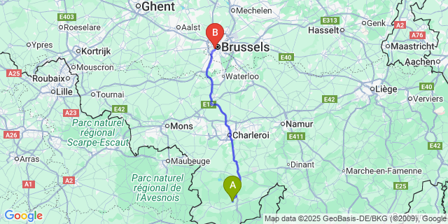 Map: Brussels Midi Train Station to Boussu-En-Fagne