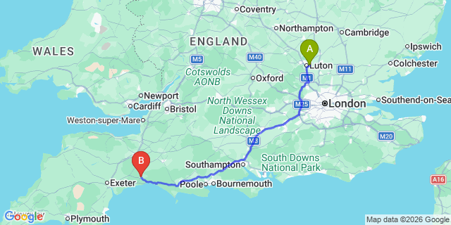 Map: London Luton Airport (LTN) to Axminster