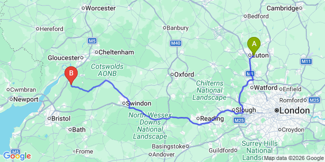Map: London Luton Airport (LTN) to Dursley