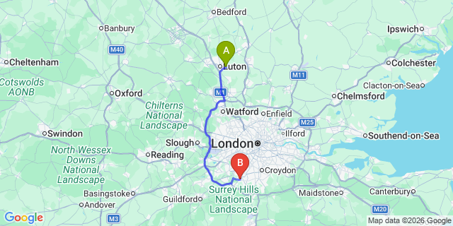 Map: London Luton Airport (LTN) to Epsom