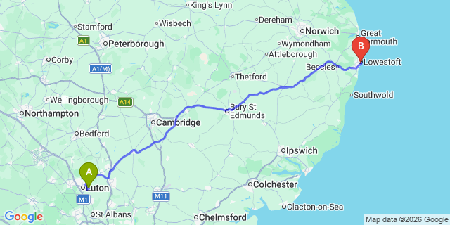 Map: London Luton Airport (LTN) to Lowestoft