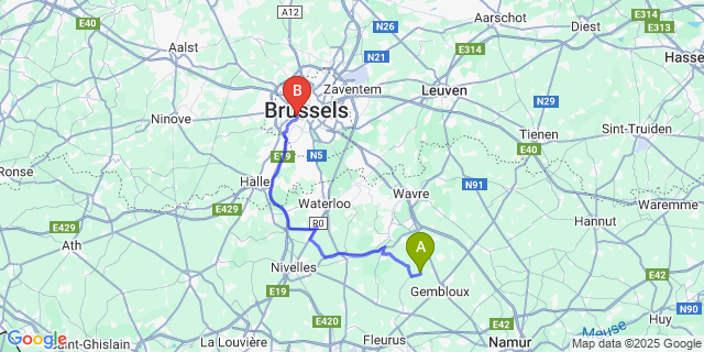Map: Brussels Midi Train Station to Chastre