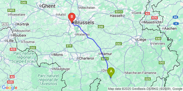 Map: Brussels Midi Train Station to Ciergnon