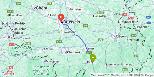 Map: Brussels Midi Train Station to Conneux
