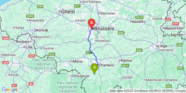 Map: Brussels Midi Train Station to Cour-Sur-Heure