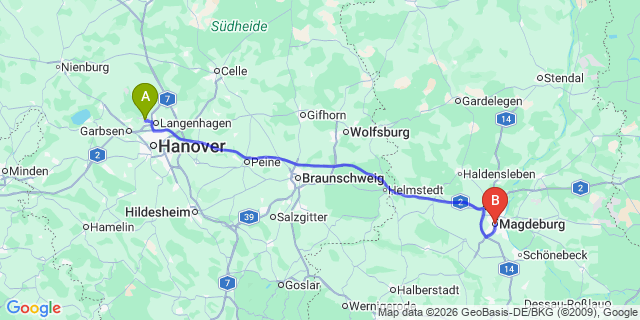 Map: Hannover Airport (HAJ) to Magdeburg