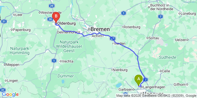 Map: Hannover Airport (HAJ) to Oldenburg