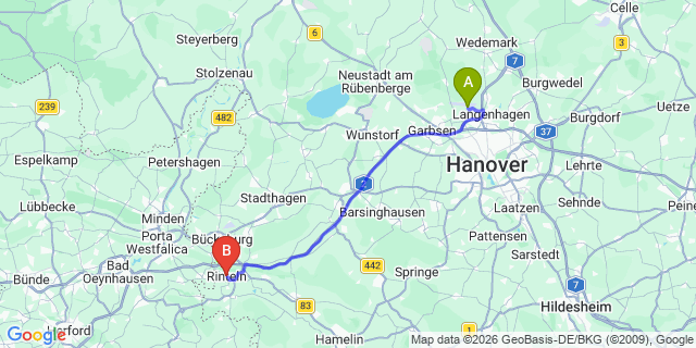 Map: Hannover Airport (HAJ) to Rinteln