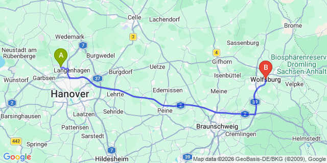 Map: Hannover Airport (HAJ) to Wolfsburg
