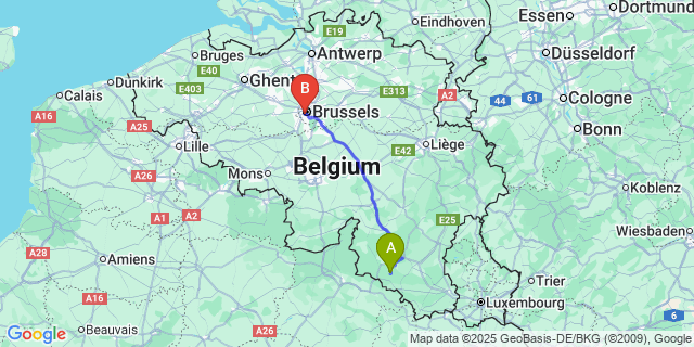 Map: Brussels Midi Train Station to Cugnon