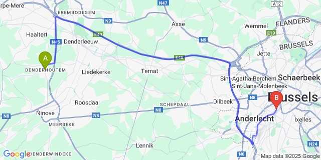 Map: Brussels Midi Train Station to Denderhoutem