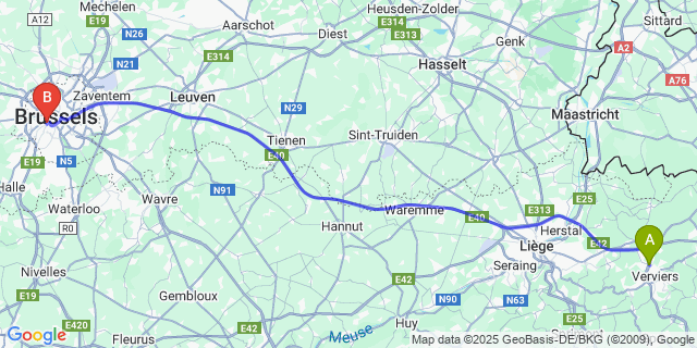 Map: Brussels Midi Train Station to Dison