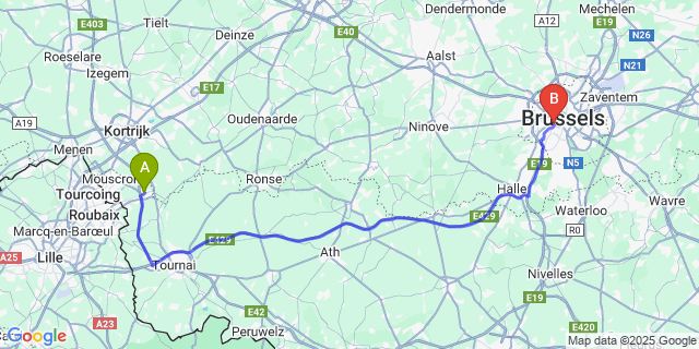 Map: Brussels Midi Train Station to Dottignies