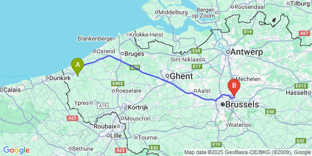 Map: Brussels Zaventem Airport (BRU) to Eggewaartskapelle