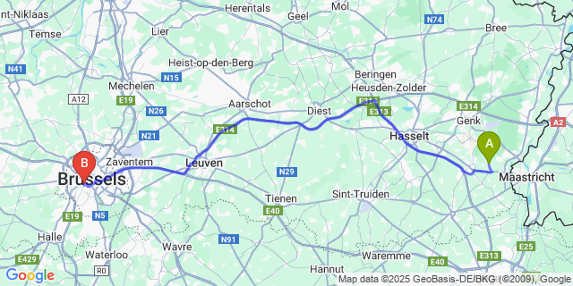 Map: Brussels Midi Train Station to Eigenbilzen