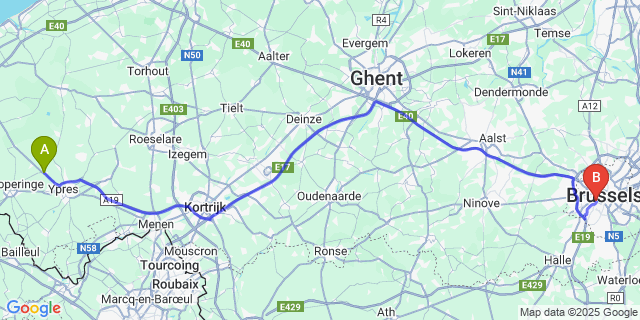 Map: Brussels Midi Train Station to Elverdinge
