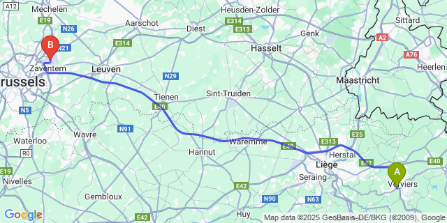 Map: Brussels Zaventem Airport (BRU) to Ensival